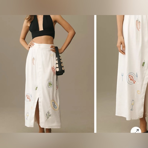 NWT Anthropologie Maeve Embellished Linen Wrap Midi Skirt - neutral motif - 10 - Picture 2 of 13